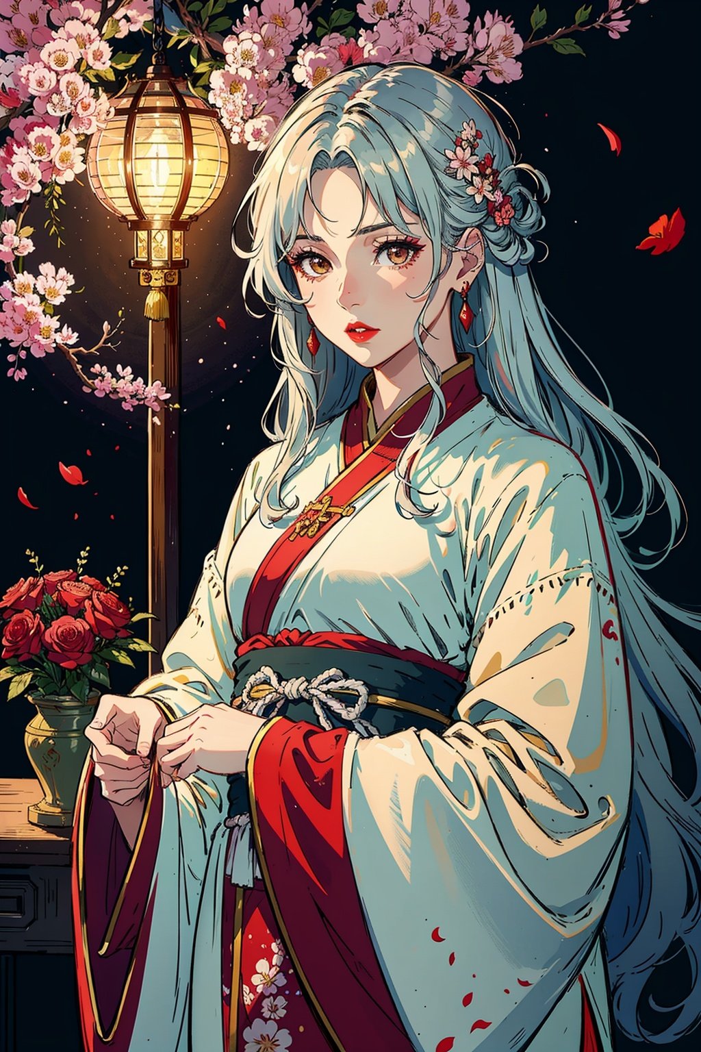 Masterpiece, best quality, very detailed, detailed background, detailed face, 1 girl, [silver hair], [brown eyes], [straight | wavy hair], (messy hair, fluffy hair, long hair: 1.1), landscape, atmospheric lighting, light, sparks, red lips, Hanfu, Chinese clothing, flowers, jewelry, petals, wide sleeves, shining,