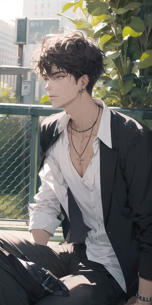 1boy, looking at viewer, male focus, fence, jewelry, solo, chain-link fence, necklace, shirt, jacket, pants, earrings, white shirt, sitting, black pants, open clothes, outdoors, day, black jacket, cross, sleeves rolled up,  wristband, short hair, from side, closed mouth, open jacket, bangs, ear piercing,male, spiked hair, partially unbuttoned, piercing, sunlight, depth of field, collared shirt, long szleeves, unbuttoned, collarbone, cross necklace