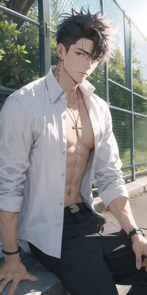 a man  looking at viewer,1boy, looking at viewer, male focus, fence, jewelry, solo, chain-link fence, necklace, shirt, jacket, pants, earrings, white shirt, sitting, black pants, open clothes, outdoors, day, black jacket, cross, sleeves rolled up,  wristband, short hair, from side, closed mouth, open jacket, bangs, ear piercing,male, spiked hair, partially unbuttoned, piercing, sunlight, depth of field, collared shirt, long szleeves, unbuttoned, collarbone, cross necklace