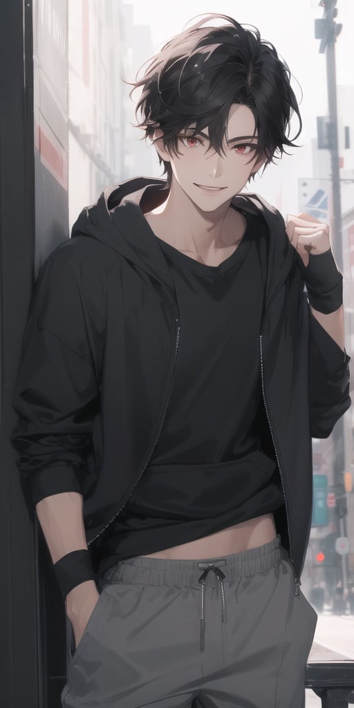 1boy, male focus, red eyes, black hair, pants, solo, hood, short hair, hoodie, looking at viewer, grey pants, clothes lift, smile, black hoodie, shirt, black shirt, shirt lift