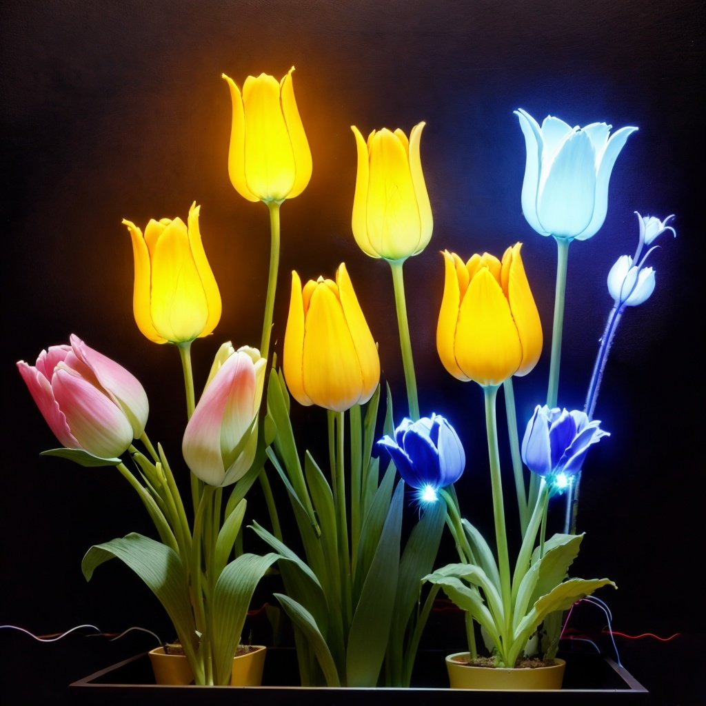 <lora:nihongdengV2:0.8>nihongdeng,light,no humans,flower,(Black background:1.45),Neon Light,colorful light,tulip