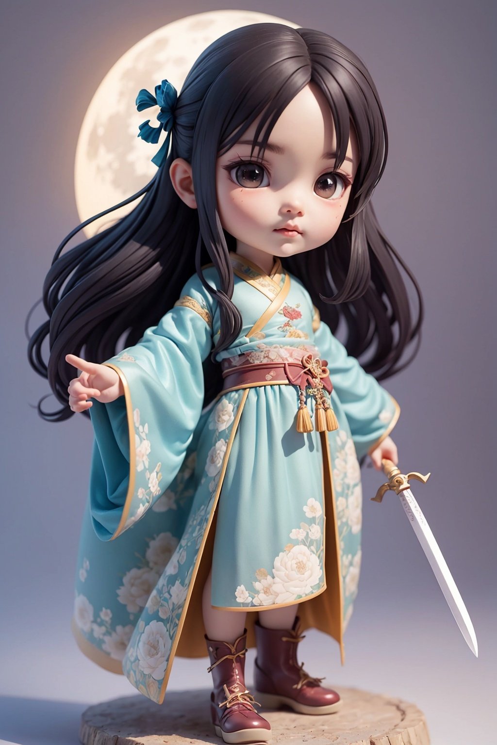 Young, male, handsome man, black hair, long hair, straight hair, high horsetail, black eyes, whole body vertical painting, illustration, Baby blue hanfu, ancient Chinese style, moonlit night, swordsman, long sword, best quality, original, masterpiece, very detailed, CG, 8k, fine hair, wide robe and large sleeves, masterpiece, classical temperament, Chinoiserie, full body,chibi,