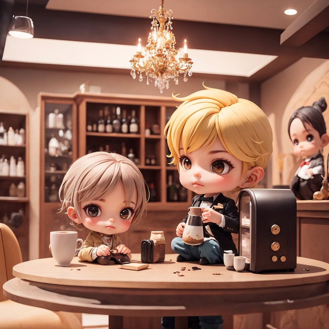 Two handsome little boys were drinking coffee in a luxurious modern coffee shop, with murals, a wine cabinet, a cash register, luxurious crystal chandeliers, and bright spring sunshine,full body,chibi, 