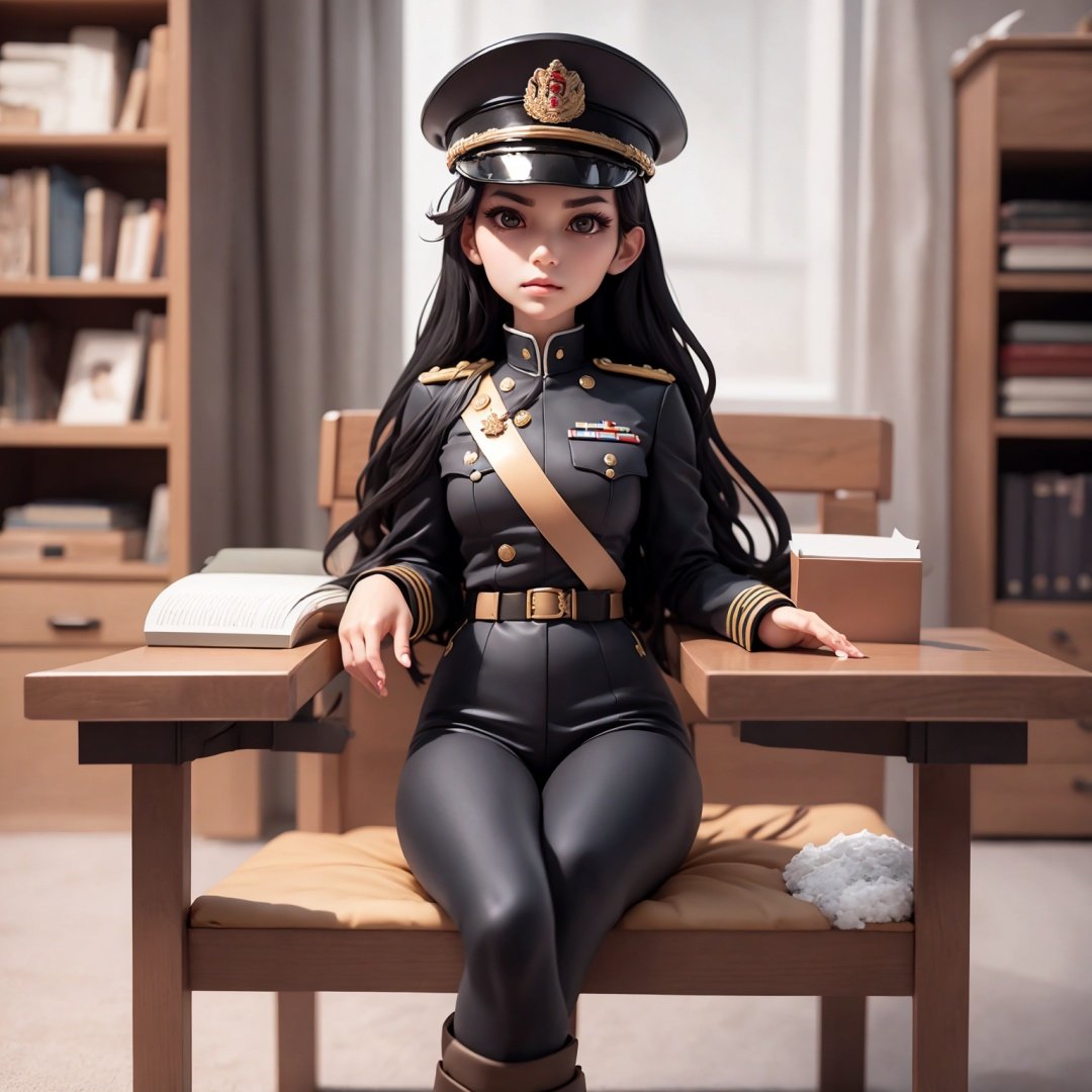 Highest picture quality, masterpiece, high-definition, ultra high-definition, a beautiful girl with exquisite facial features, black long hair, black eyes like obsidian, large eyes, long eyelashes, smooth and tender skin, pale skin, high collar military uniform, abstinence style, black long straight, irregular bangs, petite figure, small chest, fair skin, snow-white skin, noble and indifferent, black military uniform, high collar military uniform, military pants paired with military boots, military hat, Sitting on the Office chair and the background bookshelf, the details are clearly and correctly described,