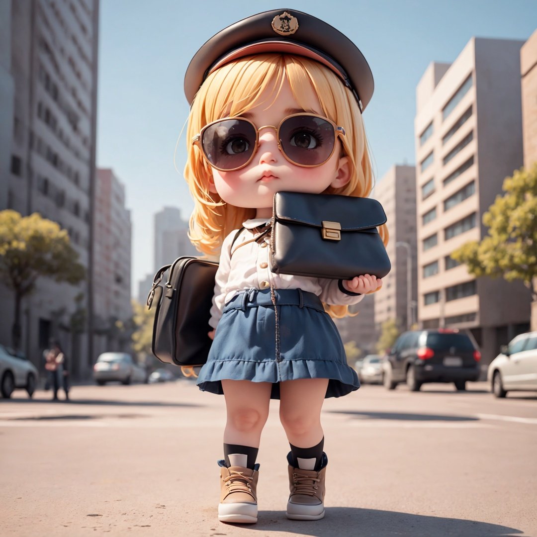 A cute little girl, fat body, carrying a Briefcase, wearing a military cap, wearing a pair of sunglasses, strode forward, city streets, high-rise buildings,full body,chibi, 
