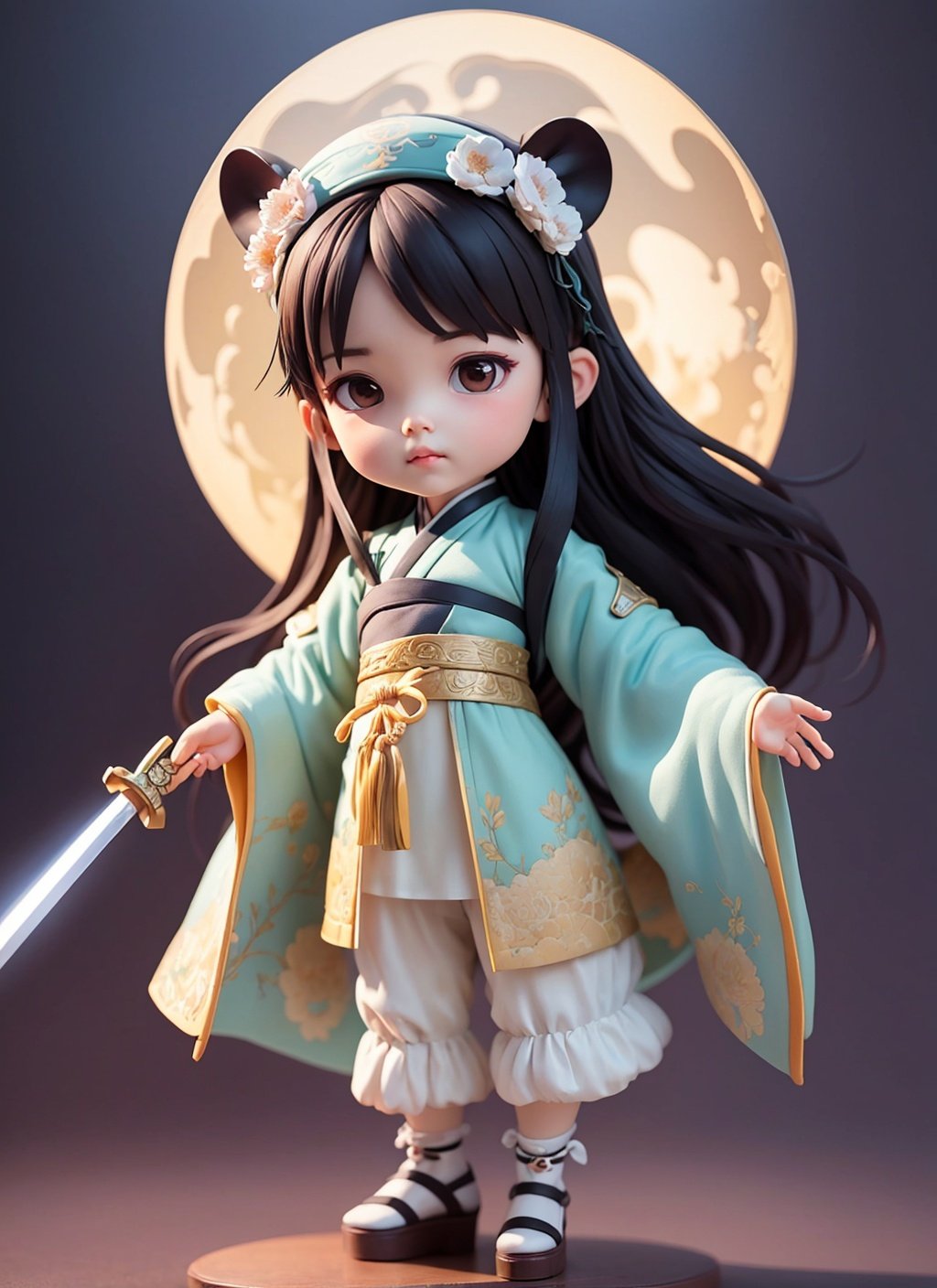 Young, male, handsome man, black hair, long hair, straight hair, high horsetail, black eyes, whole body vertical painting, illustration, Baby blue hanfu, ancient Chinese style, moonlit night, swordsman, long sword, best quality, original, masterpiece, very detailed, CG, 8k, fine hair, wide robe and large sleeves, masterpiece, classical temperament, Chinoiserie,full body,chibi,