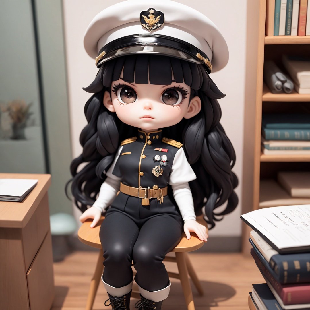 Highest picture quality, masterpiece, high-definition, ultra high-definition, a beautiful girl with exquisite facial features, black long hair, black eyes like obsidian, large eyes, long eyelashes, smooth and tender skin, pale skin, high collar military uniform, abstinence style, black long straight, irregular bangs, petite figure, small chest, fair skin, snow-white skin, noble and indifferent, black military uniform, high collar military uniform, military pants paired with military boots, military hat, Sitting on the Office chair and the background bookshelf, the details are clearly and correctly described,
