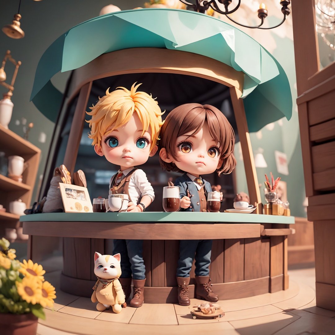 Two handsome little boys were drinking coffee in a luxurious modern coffee shop, with murals, a wine cabinet, a cash register, luxurious crystal chandeliers, and bright spring sunshine,full body,chibi, 