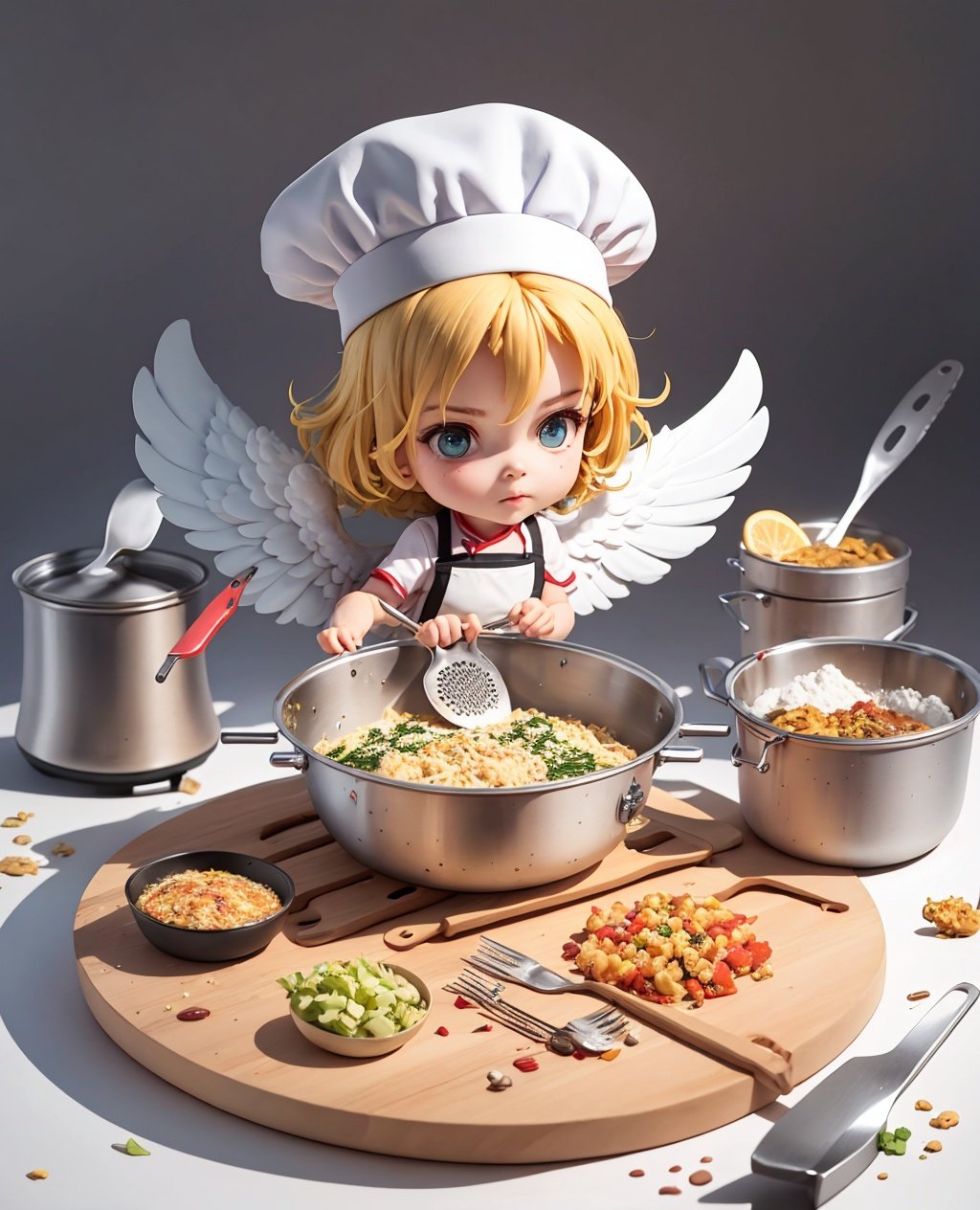 best quality,masterpiece,absurdres,white background,halo,candoluminescence,card games,full body,lens flare,sun,vivid colors,(((archangel Gabriel))), angel, girl, chef, chef's hat, apron, kitchen, work table, Knives, Cutting board, Pots and pans, Ingredients, Utensils, Oven, Stove, Blender, Mixer, Scales, Grater, Measuring cups, spoons, Whisk, Colander, Food processor, Thermometer, Tongs, Spatula, Cookware, Griddle, Rolling pin, Zester, Mortar and pestle,full body,chibi,, 