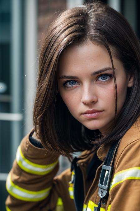 young woman, light brown hair, ((upper body wide angle action photo, happy)), sexy, masterpiece, ultra-detailed, (firefighter:1.1), shadows, contrast, analog style (look at viewer:1.2) (skin texture) (film grain:1.3), (warm hue, warm tone:1.2), close up, cinematic light, sidelighting, upper body, <lora:LowRA:0.2>  <lora:lora_perfecteyes_v1_from_v1_160:0.7> dynamic pose, perfecteyes eyes, light red eyes