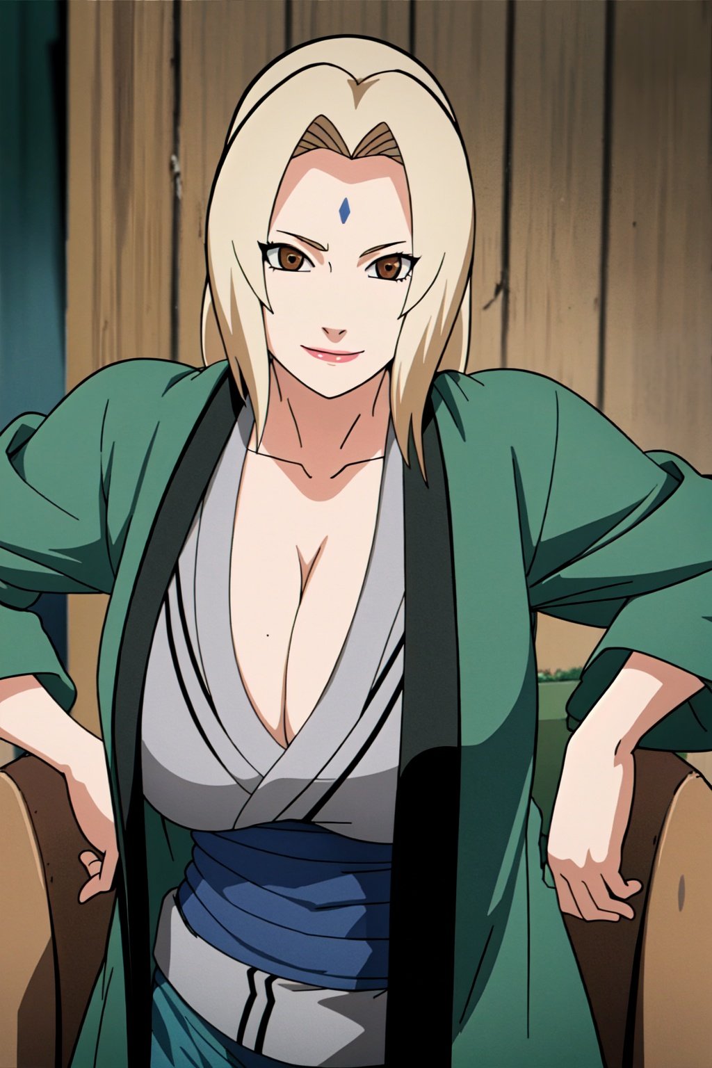 masterpiece, best quality, high contrast, professional photography, soft light, sharp focus, 1girl, smiling, Tsunade, blonde hair, large breasts, mature female, blue pants, green coat, chest bandage, beautiful brown eyes, cleavage, big breasts, serious face, <lora:EMS-2086-EMS:1>, <lora:EMS-179-EMS:0.6>