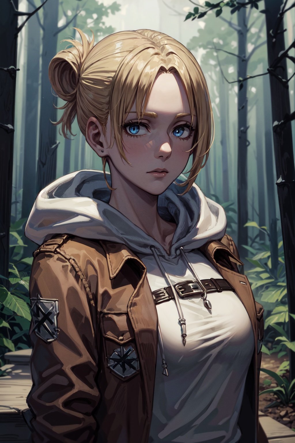 masterpiece, best quality, ultra-detailed, annie_leonhardt, 1girl, milf, mature face, thick, solo, long sleeves, jacket, open clothing, hoodie, open jacket, hoodie, hooded sweatshirt, hood down, brown jacket, white hoodie, paradise military uniform, forest background, volumetric lighting, intricate details, tonemapping, sharp focus, hyperdetailed, trending on Artstation, <lora:EMS-2087-EMS:0.8>, <lora:EMS-179-EMS:0.6>