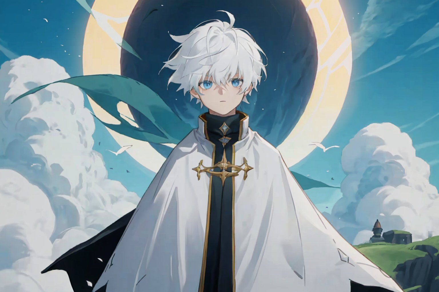 Sky：Children of the Light,(2:1.2),white hair,blue eyes,cloak,1boy,solo,