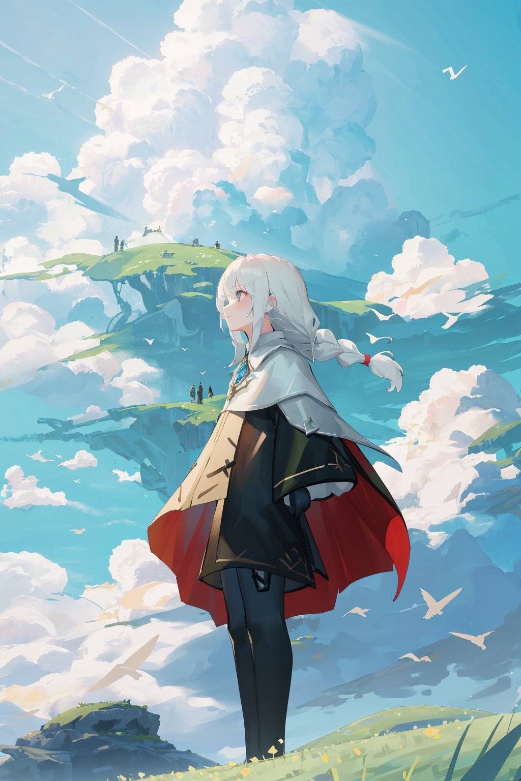 Sky：Children of the Light, solo, outdoors, cloud, sky,1girl, white hair, long hair, braid, day, blue sky, grass, cape, standing, 9