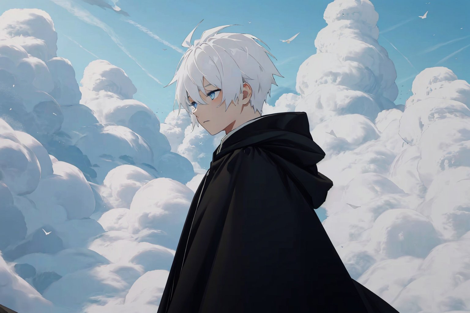 Sky：Children of the Light, 2,white hair, blue eyes,cloak,1boy, solo,