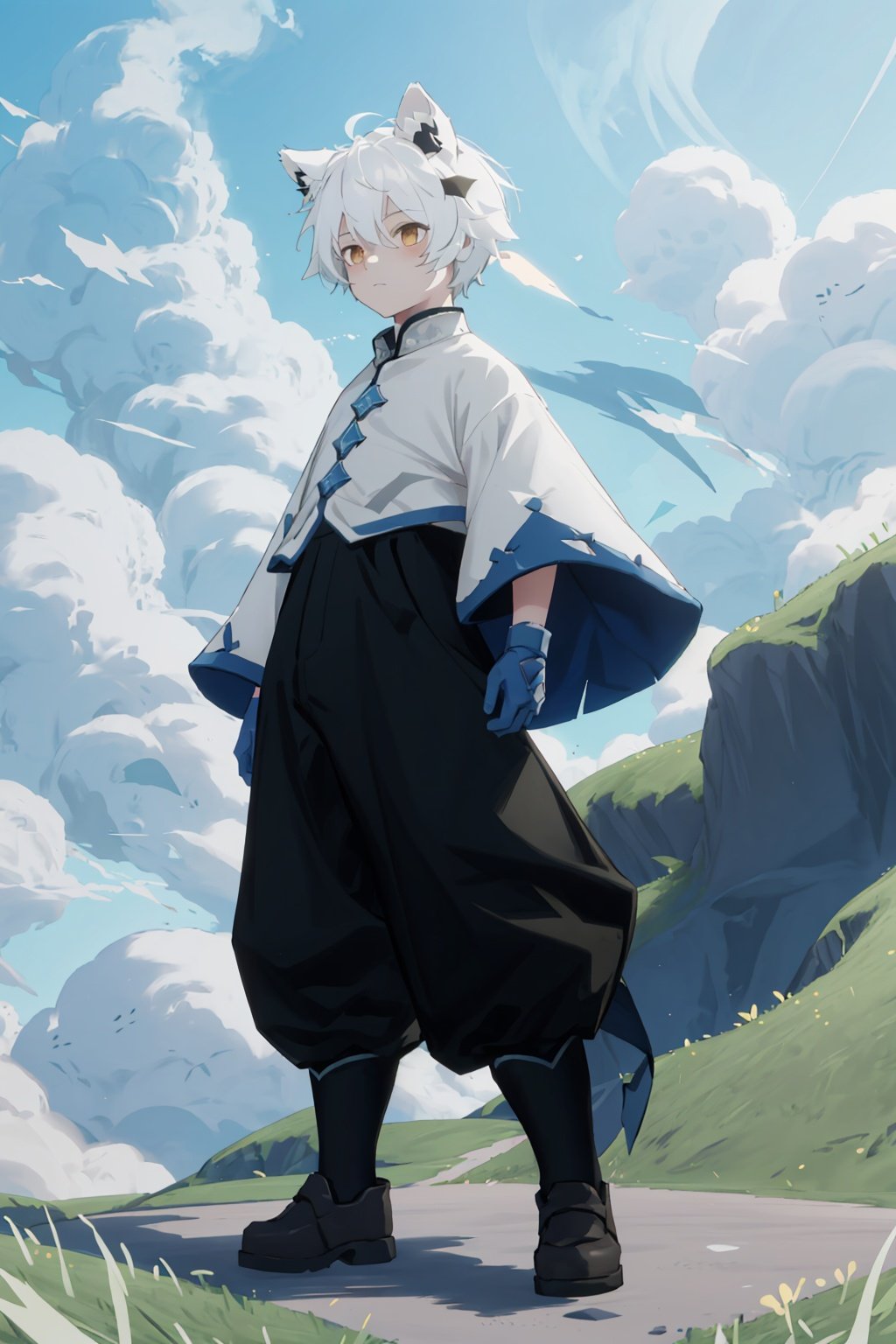 Sky：Children of the Light, solo, grass, sky, black skin, cloud, day, puffy pants, standing, white hair, blue sky, animal ears, Flesh-colored skin,  1boy, full body, outdoors, 5