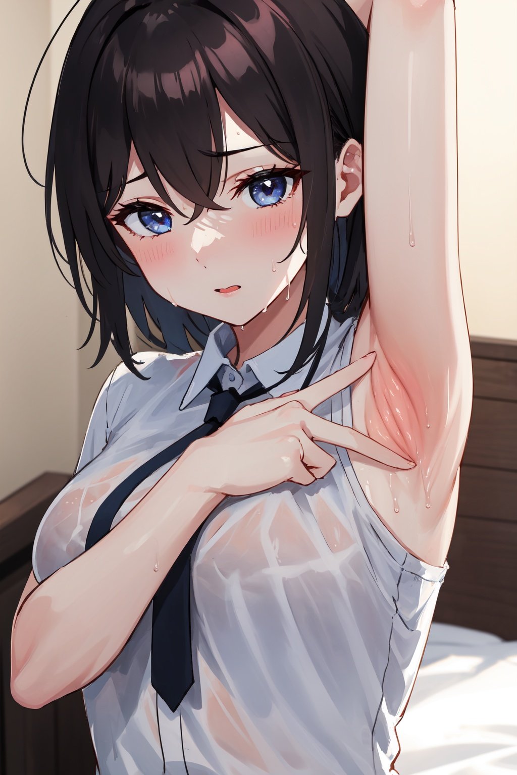 masterpiece, best quality,1girl, shirt,bed, wet,sweating, spread armpit,upper body, <lora:EMS-2094-EMS:1>