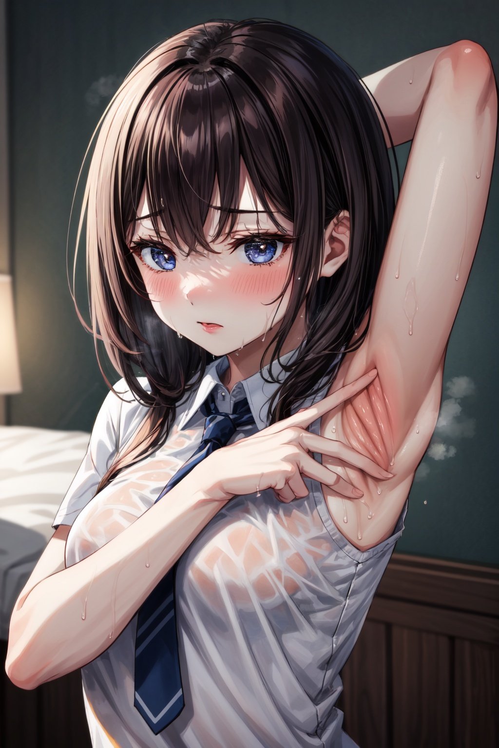 masterpiece, best quality,1girl, shirt,bed, wet,sweating, spread armpit,upper body, <lora:EMS-2094-EMS:1>, <lora:EMS-179-EMS:0.7>