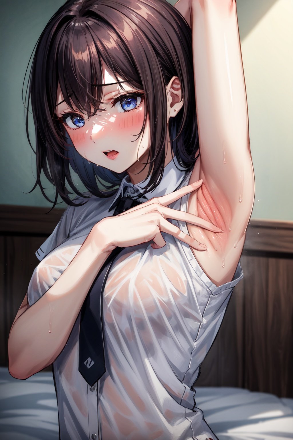 masterpiece, best quality,1girl, shirt,bed, wet,sweating, spread armpit,upper body, <lora:EMS-2094-EMS:1>, <lora:EMS-179-EMS:0.7>