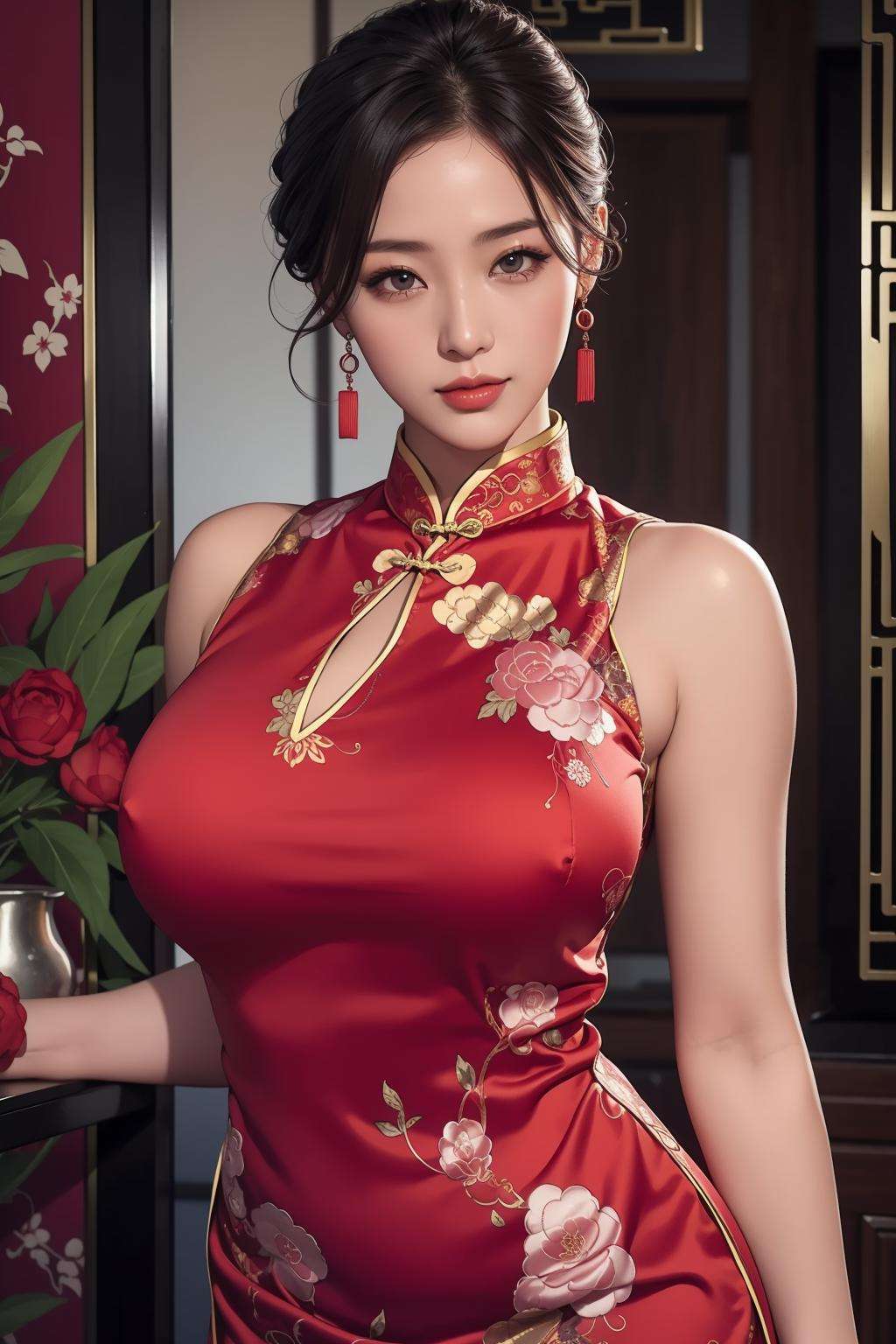 a  Chinese woman wearing a cheongsam,(((masterpiece))), ((best quality)), ((intricate detailed)), ((Hyperrealistic)), absurd res, milf, mature woman, perspective, highly detailed, illustration, 1girl, ((large breasts)), perfect hands, detailed fingers, beautiful detailed eyes, updo hair, brown eyes, ( sexy chinese dress:1.2), earrings, detailed background, perfect eyes, seductive eyes, looking at the viewer, from front    