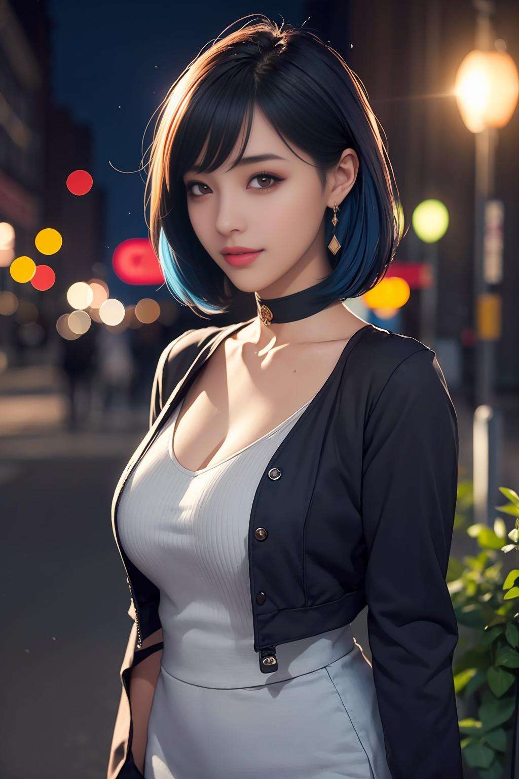 a korean woman walking in the city, buildings, night, plants,smile, mixed Korean, background blur, focus, professional photography, dynamic angle shot, film grain, bokeh, ray tracing, dynamic lighting, tilt camera, very close up shot, lens flare,(((masterpiece))), ((best quality)), ((intricate detailed)), ((realistic)), (50mm Sigma f/1.4 ZEISS lens, F1.4, 1/800s, ISO 100, photograpy:1.1), perspective,milf, mature woman, highly detailed, illustration, 1girl, (big breasts), beautiful detailed eyes, bob cut hair, bang, blue  hair, brown eyes, (casual outfit:1.2), varsity jacket, red v_neck_dress, black mini skirt, black choker, earrings, high heels, detailed background, perfect eyes, seductive eyes, looking at the viewer,   