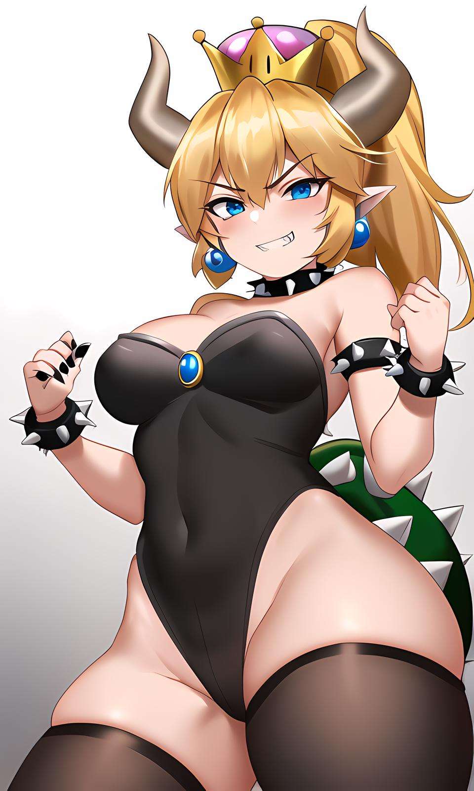 best quality, 1girl, evil grin, looking at viewer, from below, corneo_bowsette, mario world background