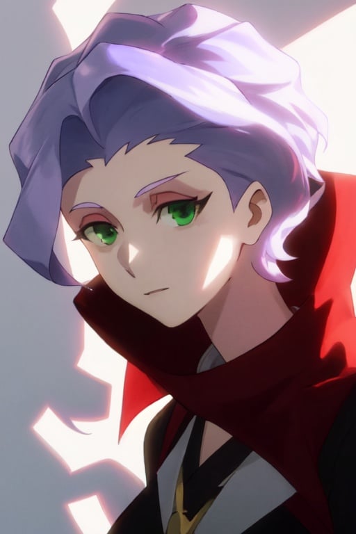 1girl, short hair,lilac hair,green eyes,eyes with shadow, Croix Meridies, head on, half body,