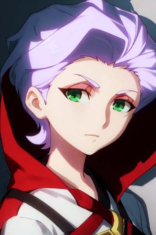 1girl, short hair,lilac hair,green eyes,eyes with shadow, Croix Meridies, head on, half body,