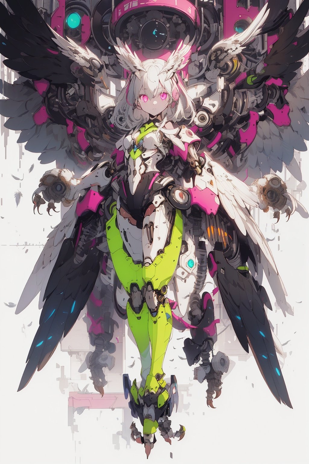best quality,masterpiece,illustration,1girl,solo,full body,(Owl ear:1.1),Mecha,Wings,machine,(Mechanical claw:1.5),Feather,Human thigh,(Neon color:1.4),(Light fluorescent pink:1.1),(Laser Purple:0.6),A small amount of white,(Glare:1.1),(fluorescence:1.1),