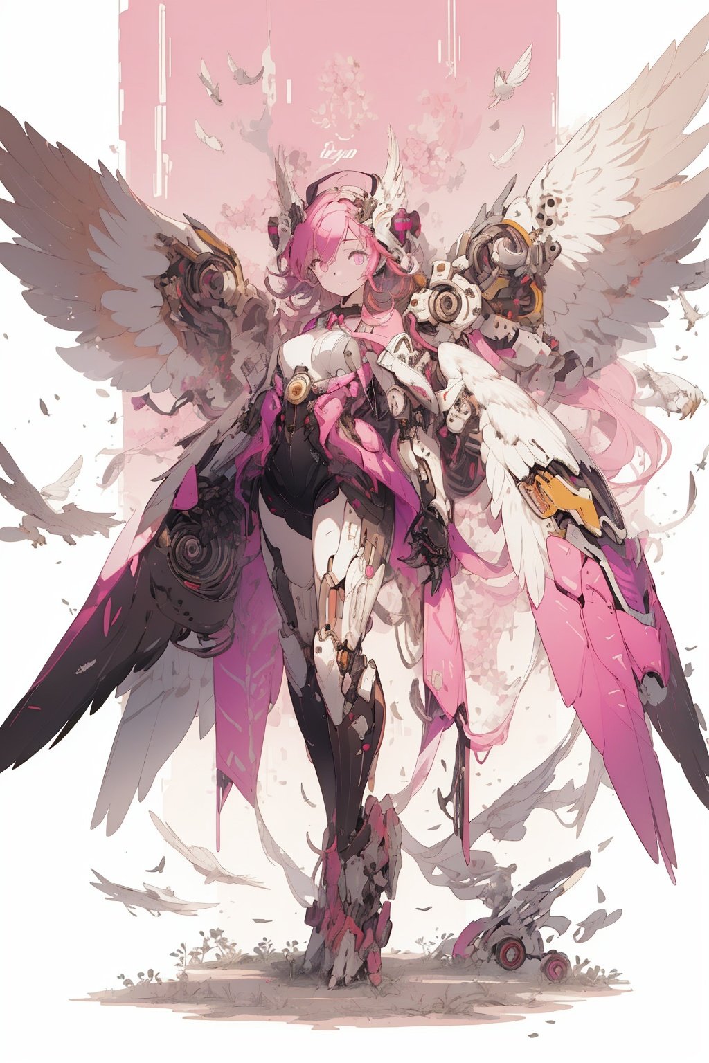 best quality,masterpiece,illustration,1girl,solo,full body,Owl ear,Mecha,Wings,machine,(Pink hair:1.2),(Mechanical claw:1.2),Feather,Human thigh,