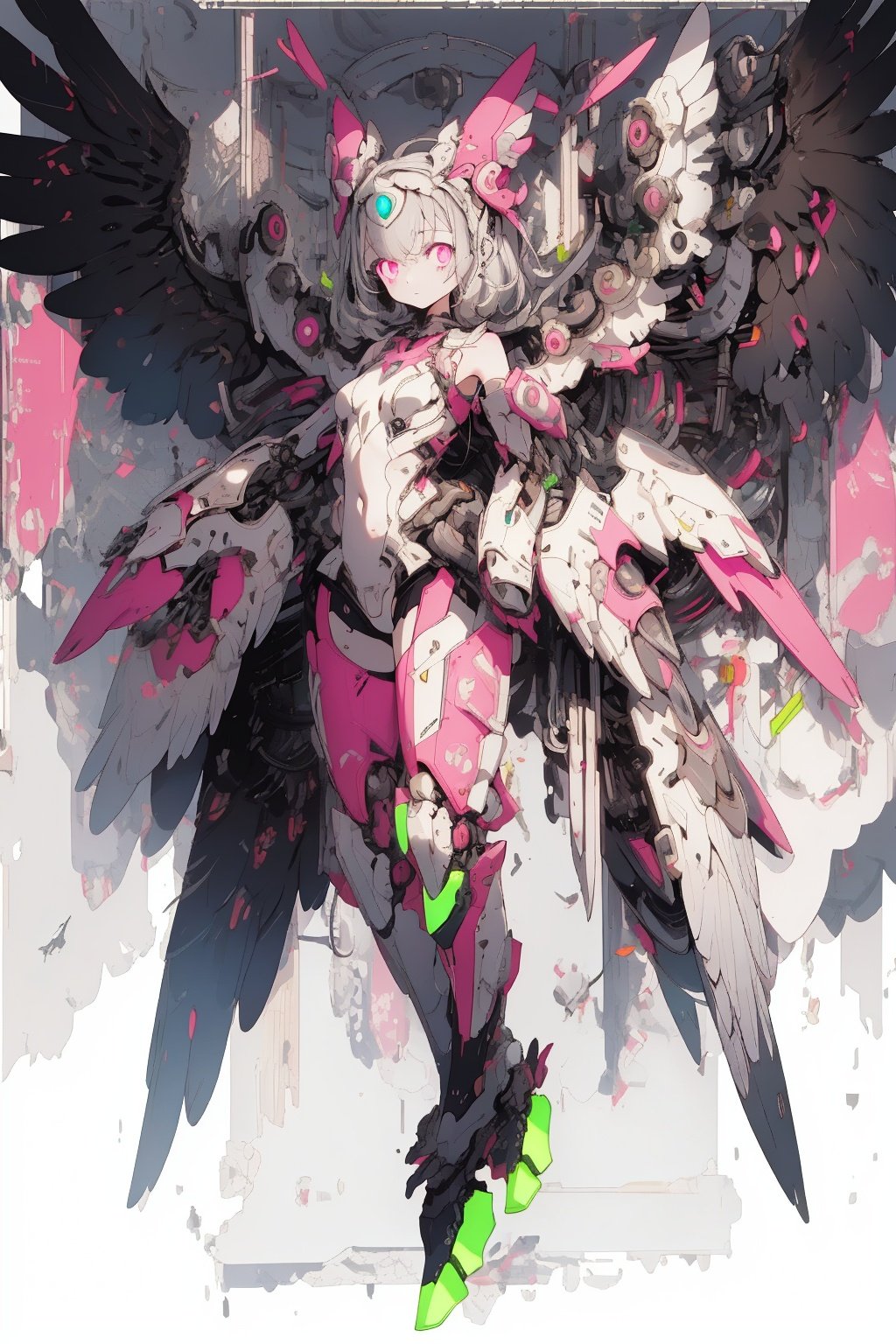 best quality,masterpiece,illustration,1girl,solo,full body,Owl ear,Mecha,Wings,machine,(Mechanical claw:1.2),Feather,Human thigh,(Neon color:1.4),(Light fluorescent pink:1.1),(Laser Purple:0.5),A small amount of white,(Glare:1.1),