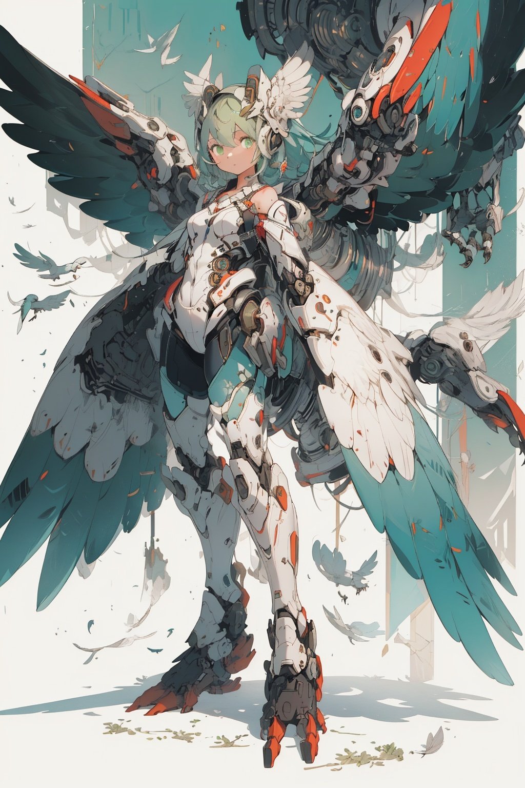best quality,masterpiece,illustration,1girl,solo,full body,Owl ear,Mecha,Wings,machine,(Mechanical claw:1.2),Feather,Human thigh,(Green hair:1.2),