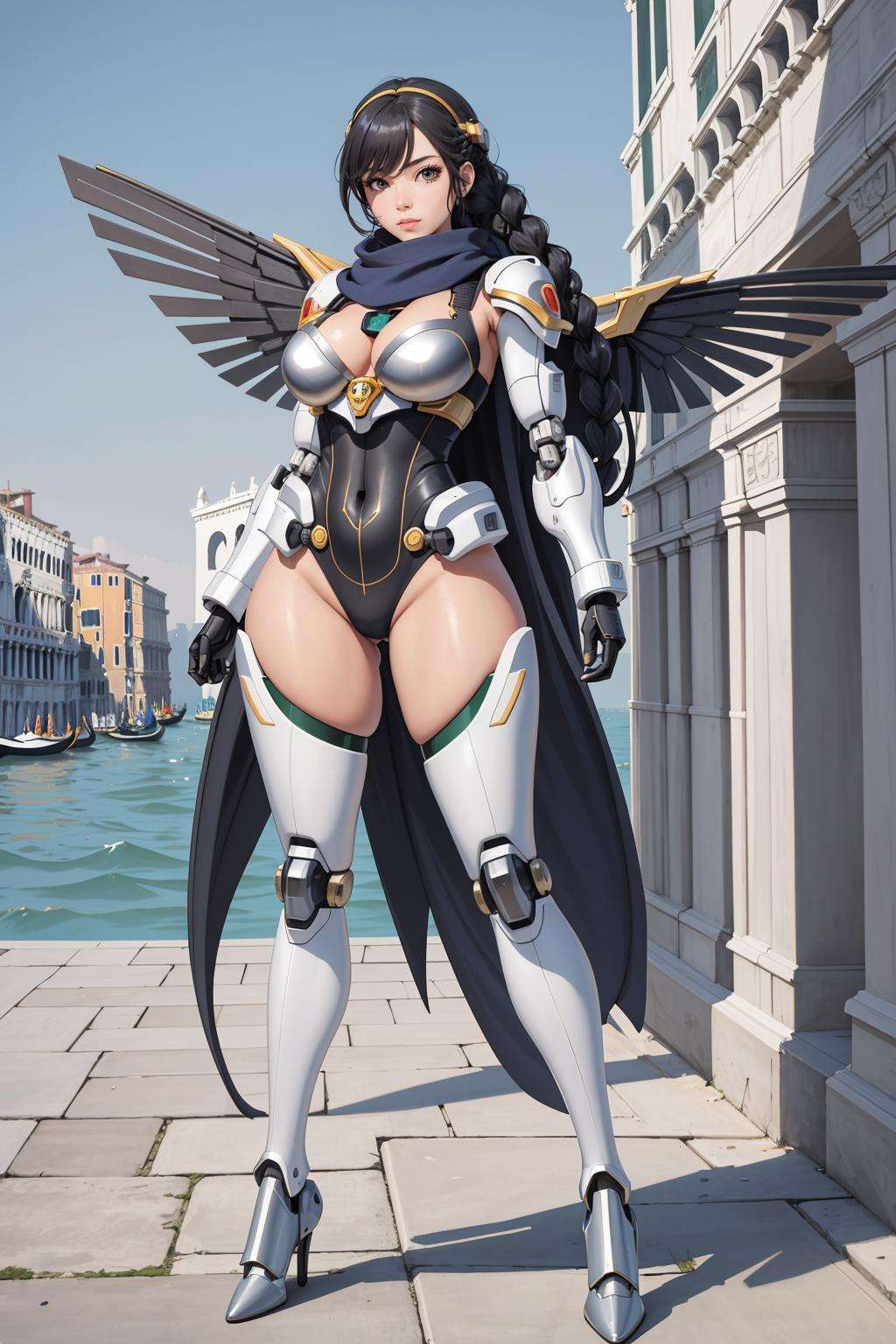 (masterpiece, best_quality, ultra-detailed, immaculate:1.3), epic, illustration, welcoming, 1girl, (ultimate mecha pilot:1.3), (in  Venice:1.3), scenery, (full body:1.4), black hair, french braids,bombshell curly hair, pose, [:skimpy costume design:0.2], scarf,wings,zettai ryouikia, medium breasts, tall, thicc perfect hourglass figure,skindentation, (armor:1.2), (african, dark skin:0.6)