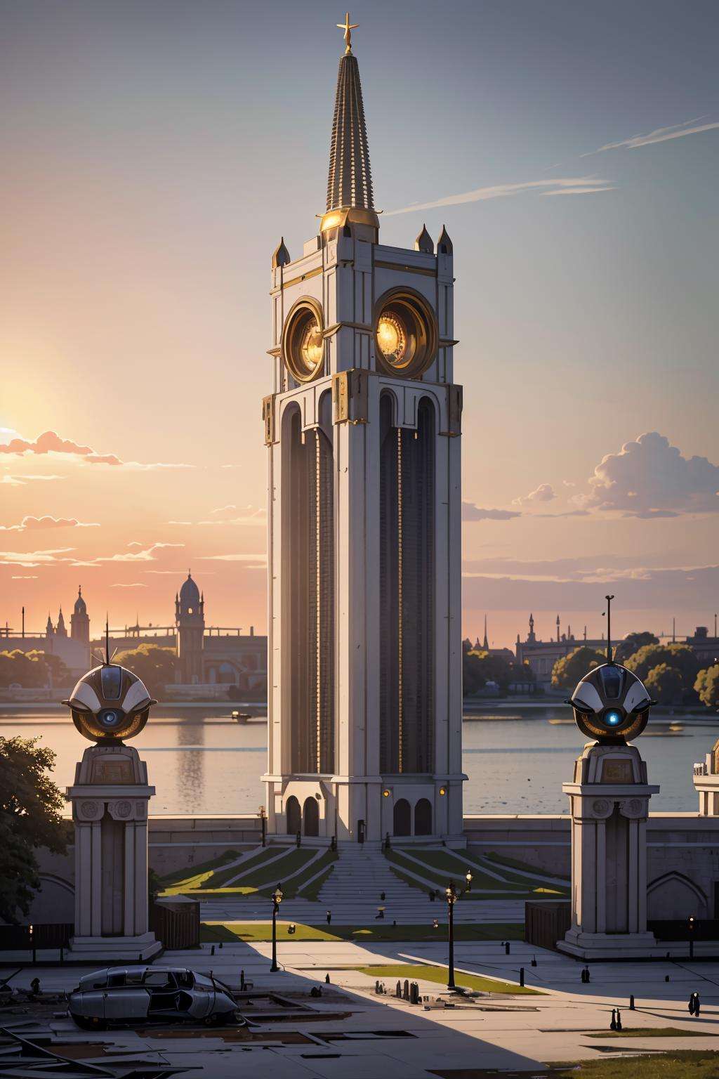 masterpiece, best_quality, ultra-detailed, immaculate:1.3), ("the Dystopian Esplanade, Backlit":1.2), (masterpiece), (best_quality), (illustration), anime movie background, official art, photogenic location design,golden hour a (robotic, dilapidated:1.3) (Stratford-on-Avon:1.3)[, trending on artstation::0.4], absurdres