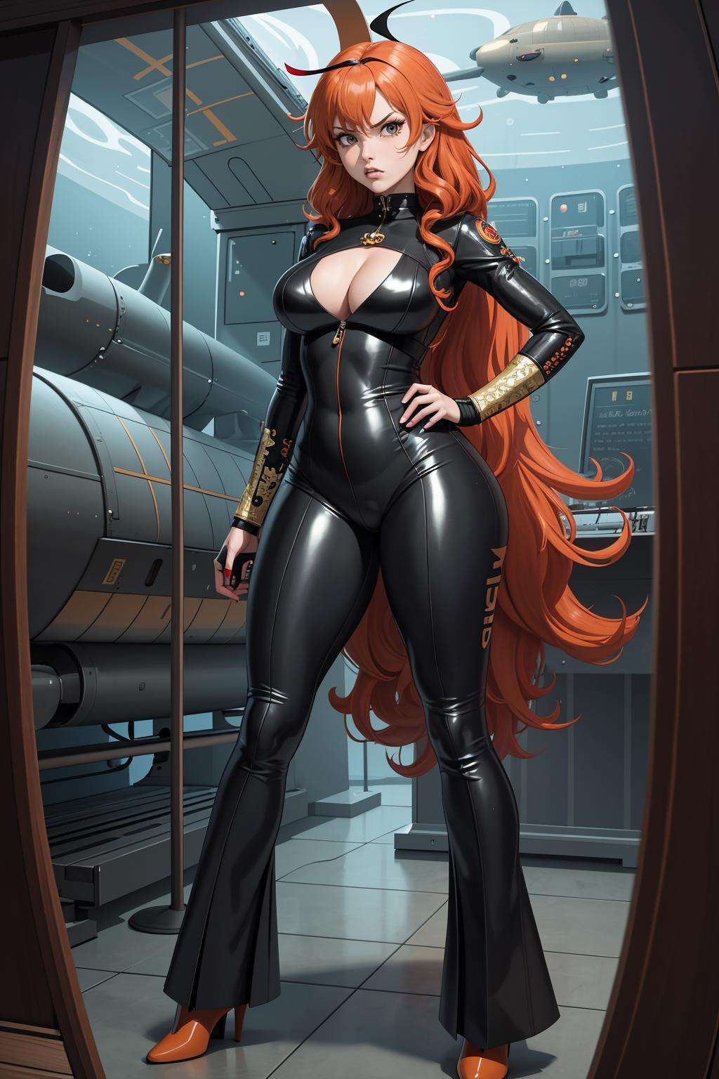 (masterpiece, best_quality, ultra-detailed, immaculate:1.3), epic, illustration, welcoming, 1girl, (angry (wasp:0.6) rockstar booth babe:1.3), (in a  submarine:1.3), (full body:1.4), neon red-orange hair with azure highlights, curly hair, long hair,low-tied long hair, , [:sexy, sexy costume design:0.2], , medium breasts, thicc toned perfect hourglass figure,, (bellbottoms:1.2), japanese