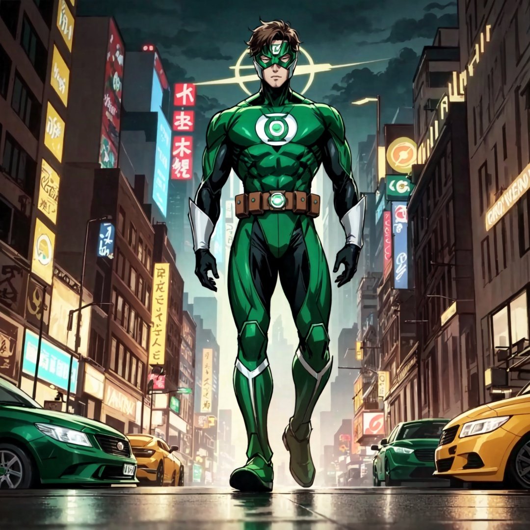 anime style,detailed, 1man, brown short hair,full body shoot, green lantern mask, standing, anime style city background, looking at viewer, green super hero suit, masterpiece , 8k, ((2d))