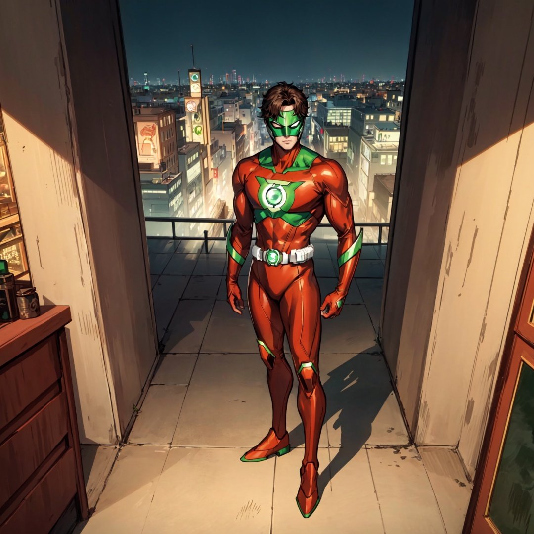 anime style,detailed, 1man, brown short hair,full body shoot, green lantern mask, standing, city background, looking at viewer, red super hero suit, masterpiece , 8k, ((2d)), face detailed, at day