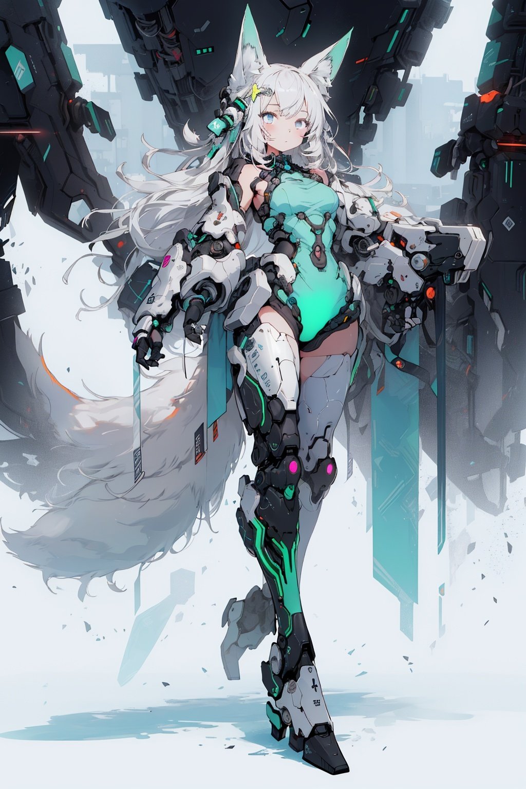 best quality,masterpiece,illustration,1girl,solo,full body,Fox ears,Mecha,machine,Bushy tail,Blank background,Mechanical leg,(Fluorescent color:1.5),(Laser violet:1.1),Fox fire,Fluorescent pink,