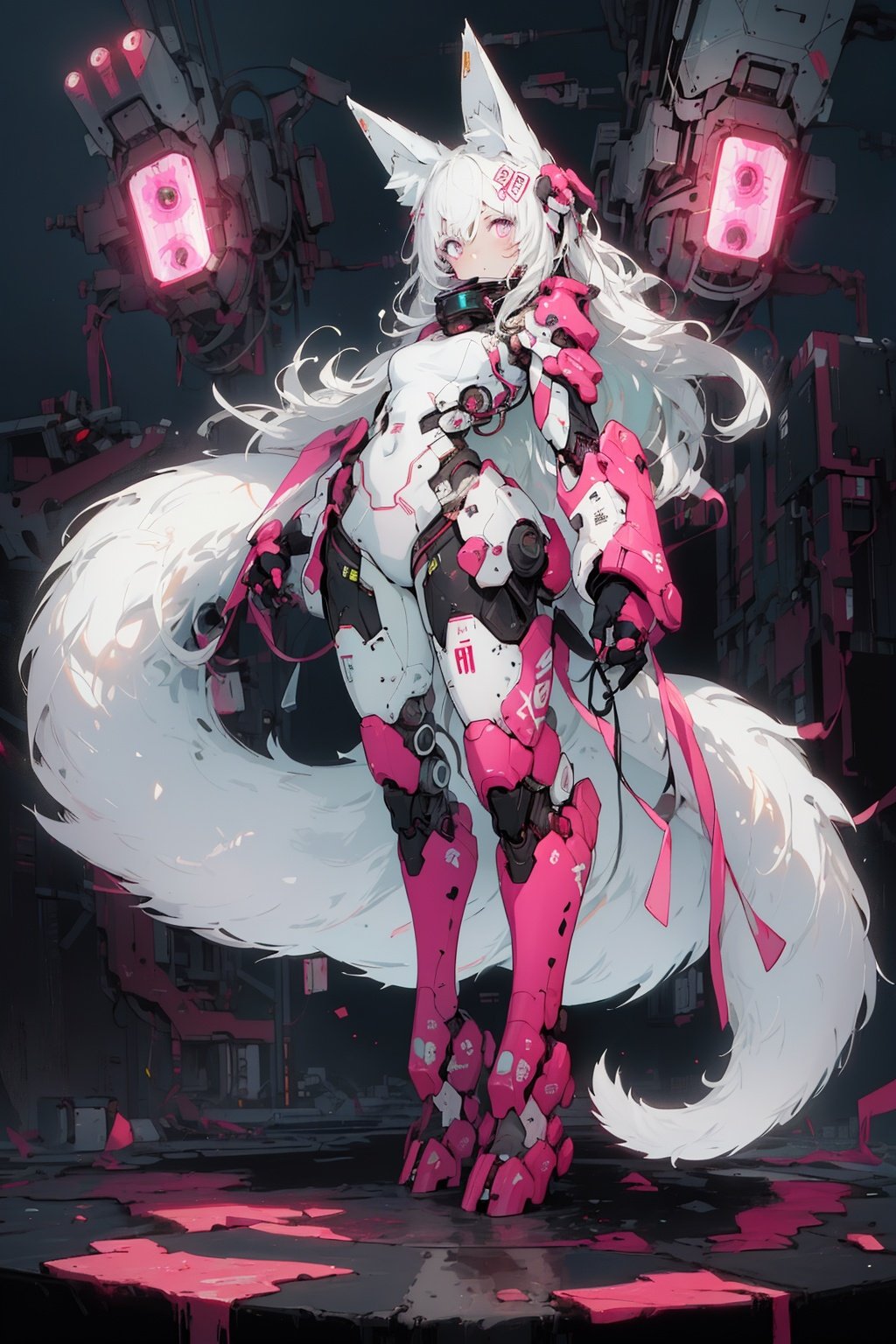 best quality,masterpiece,illustration,1girl,solo,full body,Fox ears,Mecha,machine,Bushy tail,Blank background,Mechanical leg,(Fluorescent color:1.5),(Laser violet:1.1),Fox fire,Fluorescent pink,