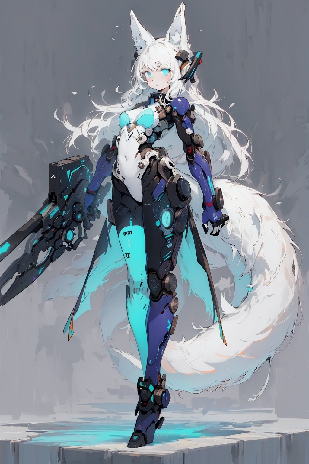 best quality,masterpiece,illustration,1girl,solo,full body,Fox ears,Mecha,machine,Bushy tail,Blank background,Mechanical leg,(Fluorescent color:1.5),(Laser violet:1.1),Fox fire,