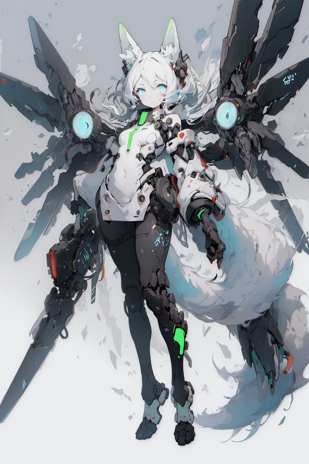 best quality,masterpiece,illustration,1girl,solo,full body,Fox ears,Mecha,machine,Bushy tail,Blank background,Mechanical leg,(Fluorescent color:1.5),Laser violet,