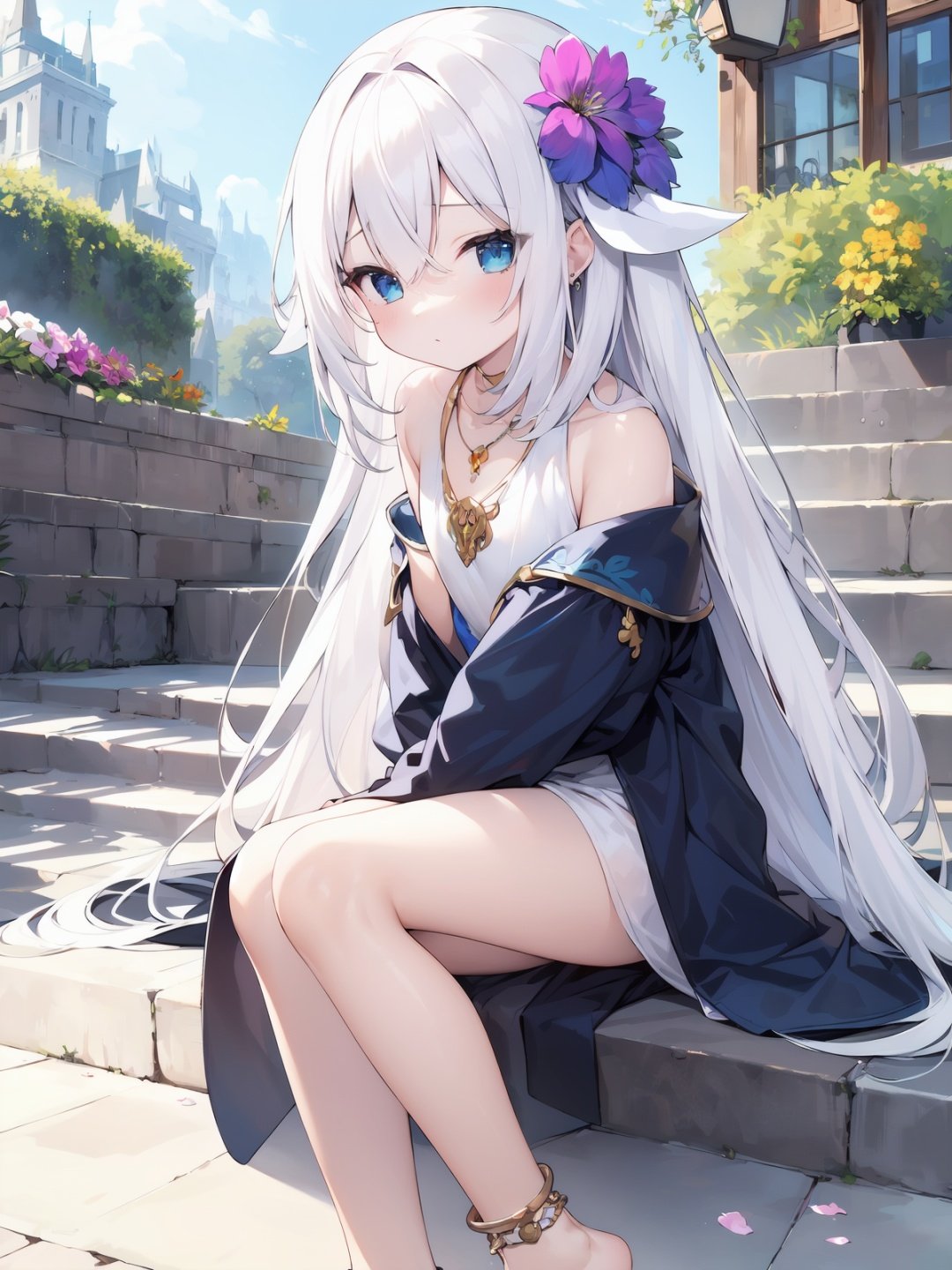 masterpiece, best quality, highres, original, (cosplay), (ultra detailed fantasy), 1girl, petite, anklet, barefoot, flat_chest, ( shiny skin), (a flower in her hair, white hair,very long hair, big hair, hair spread out), jewelry, outdoors, street, steps, winter, warm sun, natural light, light tracing, 