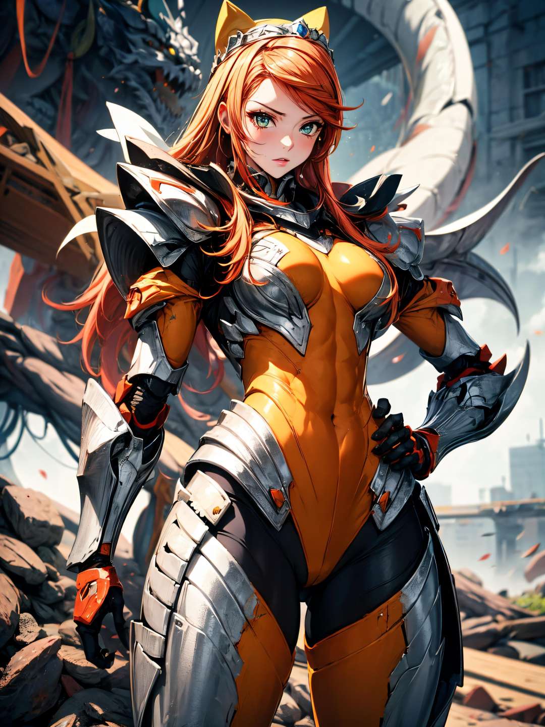 (cowboy shot), (masterpiece), (best quality:1.0), (ultra highres:1.0), highly detailed face and eyes, BREAK <lora:Etie_1024:0.8> etie, hands on hips, orange hair<lora:Mecha:0.1> Mecha, armor,  <lora:dragon_real_base_V1:0.4> dragon<lora:more_details:0.5>