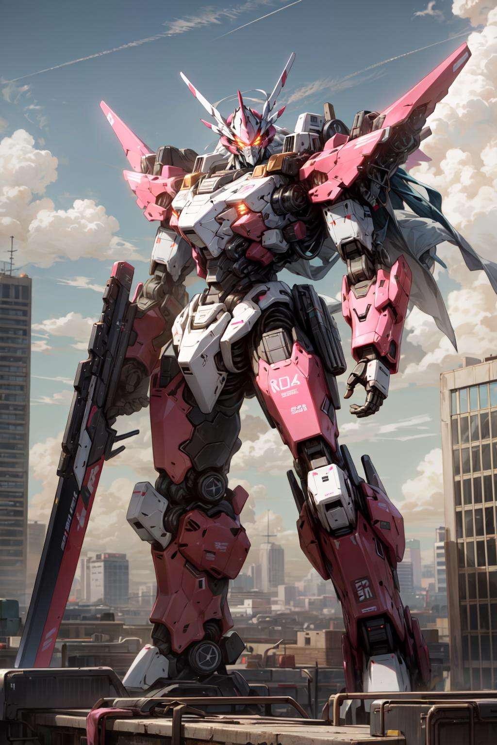 <lora:Mecha:1>sky, cloud, holding_weapon, no_humans, glowing, , robot, building, glowing_eyes, mecha, science_fiction, city, realistic,pink mecha