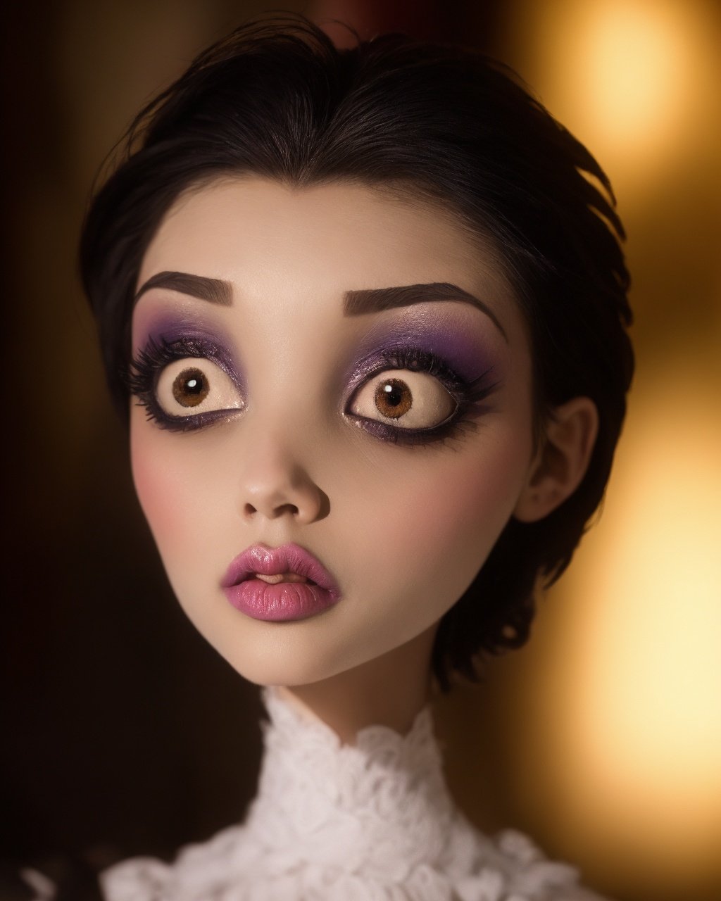 by TimBurton Animation <lora:TimBurton_Animation_offset:1.2>, 1girl, solo, blurry, blurry background, black hair, wide-eyed, short hair, horror \(theme\), lips, dark, makeup, portrait, black eyes  