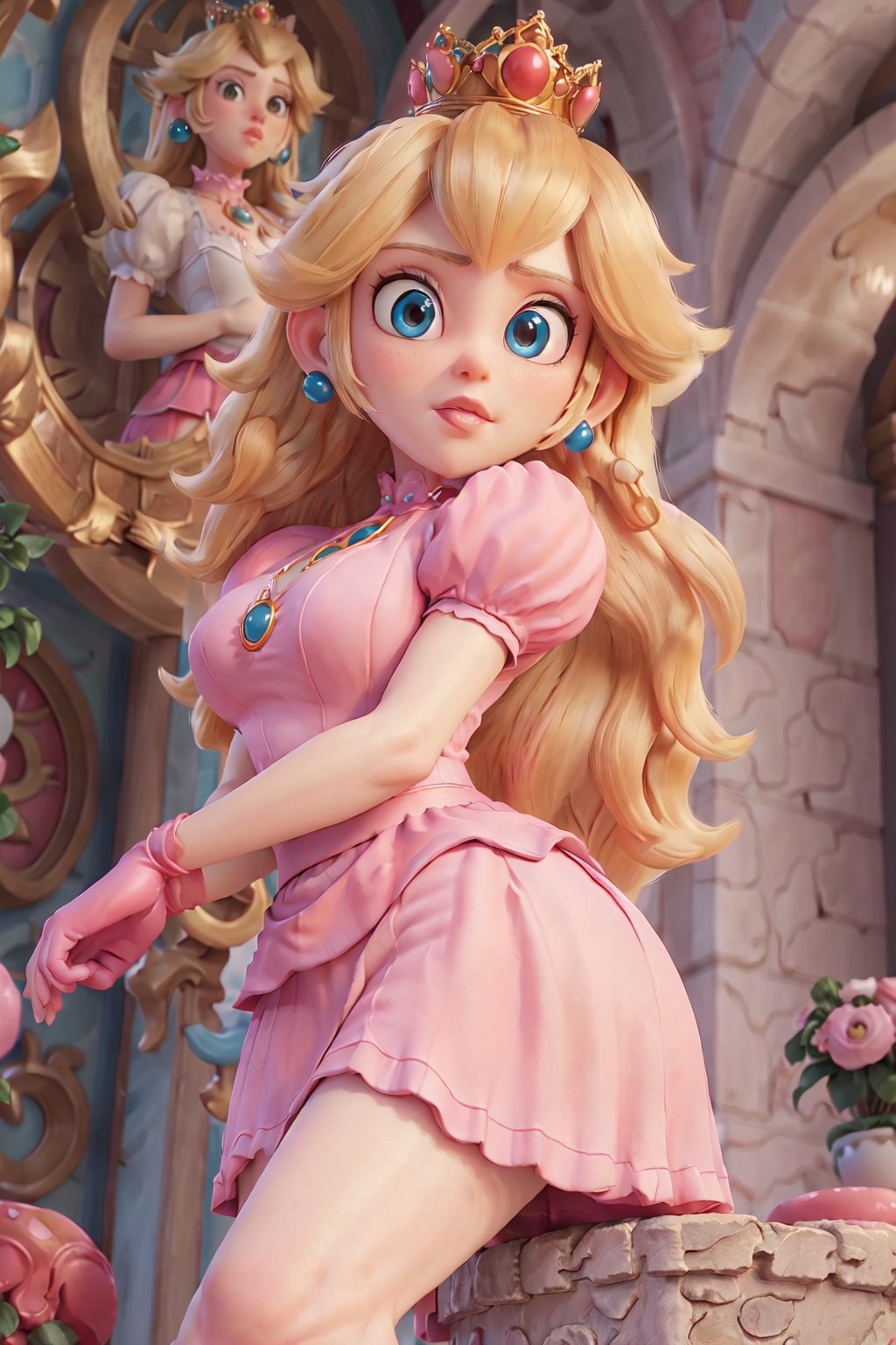 (masterpiece:1.3), (high quality:1.3), (high detailed:1.3), 4k,photorealistic, ultradetailed body, 1 beautifull young princess Peach Sitting on a great throne in its castle, long blonde hair, braids, (large neckline:1.4), blue dress and (short pink skirt:1.5) whit white panties, ((large breasts and big ass)), cowboy shot, Mario, (view from below:1.2), red crown in head,cartoon ,real, <lora:EMS-2138-EMS:0.7>