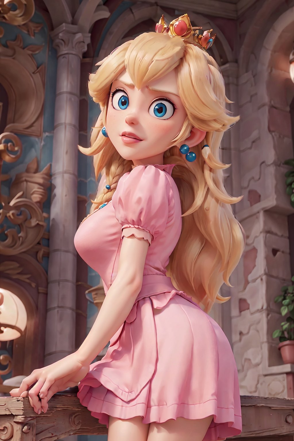 (masterpiece:1.3), (high quality:1.3), (high detailed:1.3), 4k,photorealistic, ultradetailed body, 1 beautifull young princess Peach Sitting on a great throne in its castle, long blonde hair, braids, (large neckline:1.4), blue dress and (short pink skirt:1.5) whit white panties, ((large breasts and big ass)), cowboy shot, Mario, (view from below:1.2), red crown in head,cartoon ,real, <lora:EMS-2138-EMS:0.7>