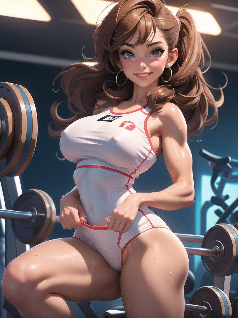 masterpiece, best quality, 1girl, realistic, photo, gym girl doing squats, gymer, dripping wet crotch, milf girl, sexy body, fitness girl, body fitness, nsfw, sweat, smooth skin, sideways glance, extremely detailed 8K, smooth, high resolution, ultra quality, highly detail eyes, highly detail mouth, perfect face, perfect eyes, perfect mouth, both eyes are the same, hd, 2k, 4k, 8k, 16k, foreshortening, smile