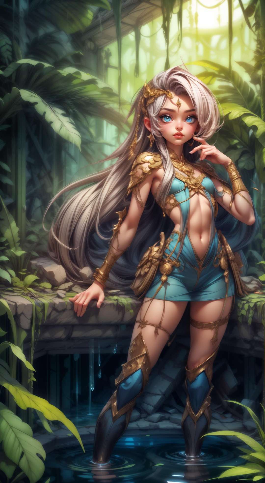 "young girl, (flat chest:1.5), wearing ornated armoured dress" on (ruins of structure:1.4), (inside jungle), (water), (waterfall). (eerie morning light:1.2), (high resolution:1), (masterpiece:1.2), (best quality:1.2), (detailed:1),(realistic:1), <lora:add_detail:1> ,  <lora:st:0.5>