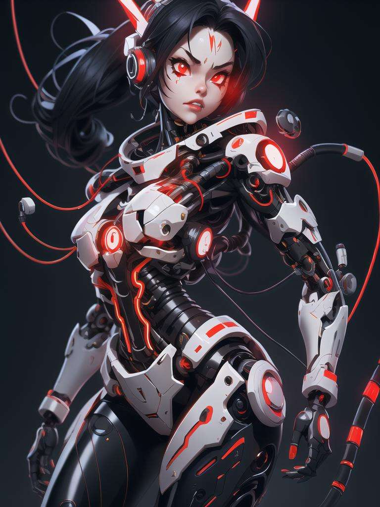 nijistyle, full body of cyborg lady, cybernetic jaw, mechanical parts, white shirt, unbottoned, black latex skirt, metal skin, glowing red eyes, cables, wires, black hair, simple background